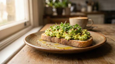 Lezzetli ve sağlıklı bir avokado tostu taze mikro yeşilliklerle kaplı, kırsal ahşap bir tabakta bir fincan kahvenin yanında sunuluyor, bir pencereden gelen doğal ışıkla yıkanmış..