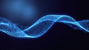 Karanlık bir arkaplanda parlayan mavi parçacıkların dinamik ve akan dijital dalgası. Veri, teknoloji ve gelecekteki enerjinin soyut temsili.