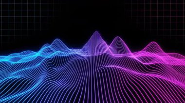 Dalgalanan tepe ve vadileri oluşturan, koyu bir arkaplan üzerinde mavi ve mor renklerle parlayan neon çizgilerden oluşan büyüleyici bir dijital manzara, bir gelecek yaratıyor..