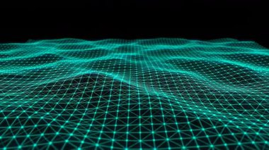 Parlayan yeşil ve mavi çizgiler ve noktalardan oluşan büyüleyici soyut dalga boyu karanlık, tanımlanmamış bir arkaplanda dinamik bir şekilde hareket eder ve teknolojik bir gelişme hissi yaratır..