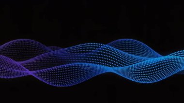 Küçük noktalardan oluşan dalgalı mavi ve mor dalgalı çizgilerden oluşan dinamik soyut arkaplan, koyu bir arkaplana karşı bir hareket ve dijital zarafet hissi yaratıyor..