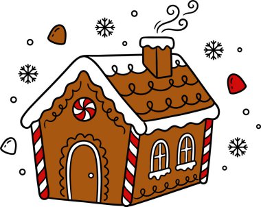 Beyaz krema, şeker kamışı ve nane şekeri ile süslenmiş zencefilli bir evin hoş bir çizgi film çizimi. Sıcak evin etrafına kar taneleri nazikçe düşer. Bu da kış tatili ruhunu canlandırır..