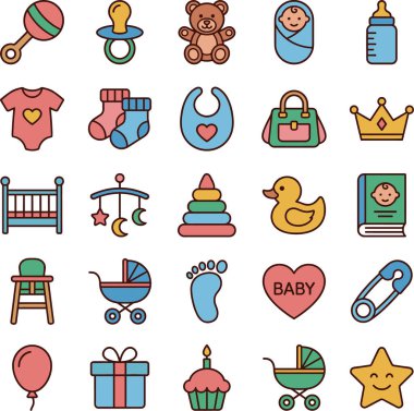 Çıngıraklı yılanlar, emzikler, oyuncak ayılar, bebek şişeleri, tulumlar, çoraplar, önlükler, bebek bezi çantaları, taçlar, beşikler, cep telefonları, istifleme oyuncakları, lastik ördekler, bebek kitapları, yüksek sandalyeler gibi renkli simgelerin yer aldığı kapsamlı bir bebek ve yeni doğan esasları koleksiyonu.
