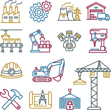 Sanayinin çeşitli yönlerini temsil eden renkli çizgi simgelerinin bir koleksiyonu, imalat, inşaat ve mühendislik, fabrikalar, makineler, araçlar ve güvenlik ekipmanları da dahil olmak üzere.