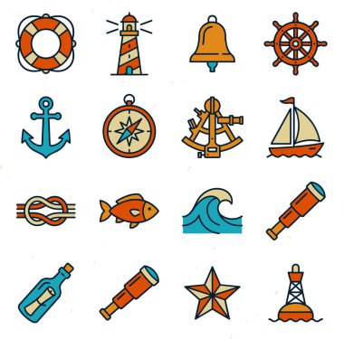 Deniz feneri, çapa, pusula, gemi çarkı, yelkenli ve daha fazlası gibi temel unsurları barındıran deniz ve deniz temalı simgelerden oluşan canlı bir koleksiyon..