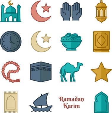 Ramazan ve Müslüman kültürü ile ilişkili çeşitli İslami sembolleri ve unsurları temsil eden renkli düz tasarım simgelerinden oluşan bir derleme. Bunlar arasında camiler, hilal ayları, yıldızlar, tespih böceği ve Kabe yer alıyor..