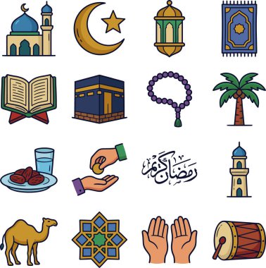 Camiler, hilal ayları, fenerler, dua halıları, Kuran, Kabe, dua boncukları, palmiye ağaçları, iftar yemeği, zekat, Arap kaligrafisi, minare gibi Ramazan ve İslam kültürünün çeşitli unsurlarını temsil eden el yapımı karalama ikonları.
