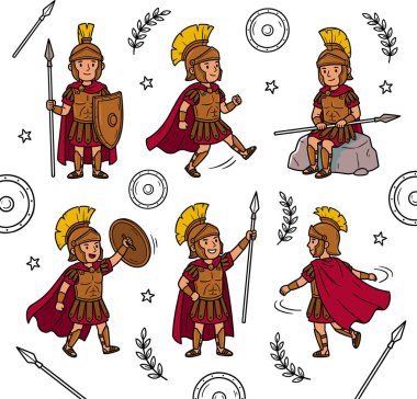 Her biri farklı dinamik pozlarda tasvir edilen sevimli Romalı askerlerin, miğferler, kalkanlar ve mızraklarla dekoratif elementlerle donatılmış beyaz bir arka plana sahip hoş, pürüzsüz bir desen..