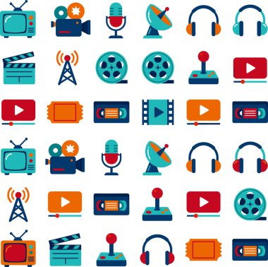 Canlı ve hareketli, renkli multimedya ve eğlence ikonlarının yer aldığı, TV 'ler, kameralar, mikrofonlar, uydular, kulaklıklar, klapalar, antenler, film makaraları, joystick' ler, oyun tuşları, biletler ve VHS musluk cihazları dahil olmak üzere çeşitli renklere sahip bir şablon.