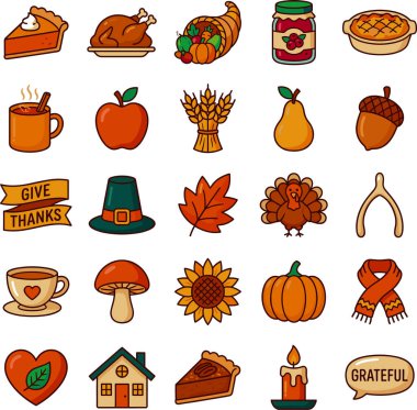 Sonbahar yaprakları, balkabağı turtası, kızarmış hindi, hasat sembolleri ve bayram tasarımları için mükemmel öğeler içeren canlı bir Şükran Günü ikonu koleksiyonu..