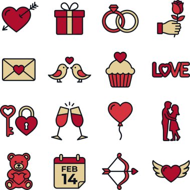 Aşk, romantizm ve sevgililer günü kutlamalarını temsil eden renkli ikonlar koleksiyonu, kalpler, hediyeler, yüzükler ve çiftler..