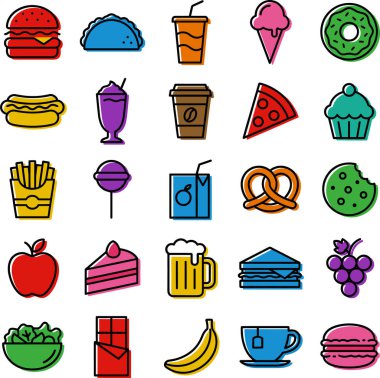 Hamburgerler, tacolar, kahve, pizza, donut ve daha fazlası dahil olmak üzere ana hatları çizilmiş fast food ve içecek ikonlarından oluşan canlı bir koleksiyon..