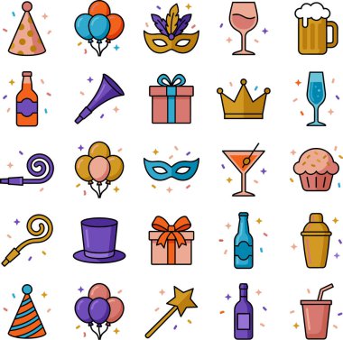 Parti şapkaları, balonlar, maskeli maskeler, alkollü içecekler, hediye kutuları ve büyüleyici bir şekilde tasarlanmış diğer kutlama eşyaları gibi çeşitli festival unsurlarının yer aldığı canlı bir parti ve kutlama temalı ikonlar koleksiyonu..