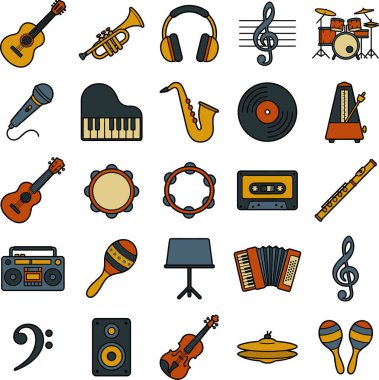 Müzikle ilgili projeler ve tasarımlar için mükemmel, çeşitli müzik aletlerini ve sembolleri temsil eden kapsamlı ve renkli bir düz tasarım ikonu seti..