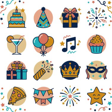 Bir doğum günü pastası, hediye kutlaması, parti şapkası, balonlar, müzik notası, kek, kokteyl, taç, maske, pizza, kiraz, havai fişek, havai fişek ve bir yıldız içeren canlı bir parti ve kutlama temalı ikonlar koleksiyonu..