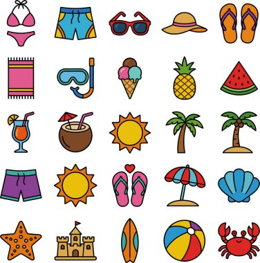 Mayo, güneş gözlüğü, parmak arası terlik, plaj şemsiyesi, kumdan kale, sörf tahtası ve tropikal meyveler de dahil olmak üzere yaz ve plaj temalı ikonlar, tatil tasarımları için mükemmel..