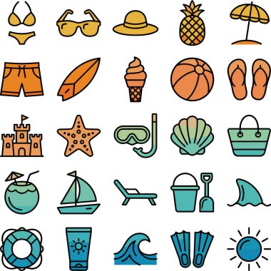 Yaz ve plaj temalı simgelerin renkli bir koleksiyonu, eğlenceli ve davetkar estetik etkinliklerle tatil, seyahat ve eğlence aktivitelerini resmetmek için mükemmel..