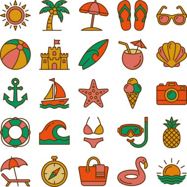 Canlı bir yaz koleksiyonu ve plaj temalı ikonlar, tatil, seyahat ve tatil tasarımları için mükemmel. Deniz kenarındaki eğlence ve rahatlama ile ilgili çeşitli unsurlar içerir.