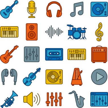 Enstrümanlar, kayıt cihazları ve çalma cihazları gibi çeşitli yaratıcı projeler için mükemmel renkli müzik ve ses donanımı simgeleri..