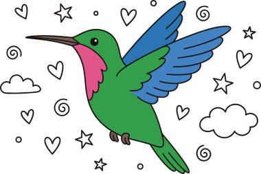 Canlı, el çizimi, yeşil gövdeli, pembe boğazlı, mavi kanatlı, kaprisli kalp karalamaları, yıldızlar ve bulutlarla çevrili beyaz arka planda, çocuklar için mükemmel tasarımlar yapan bir sinekkuşu..