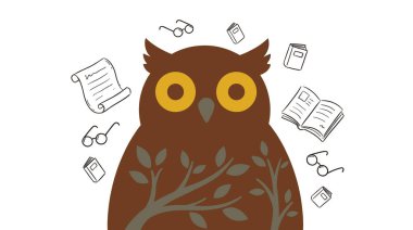 Büyük sarı gözlü kahverengi baykuşun büyüleyici bir çizimi, üzerinde ağaç dalları olan, yüzen kitaplar ve gözlüklerle çevrili, bilgeliği, öğrenmeyi ve temiz beyaz bir arkaplanda entelektüel uğraşları temsil eden,.