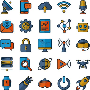 Teknolojinin, iletişimin ve dijital konseptin çeşitli yönlerini temsil eden, web ve uygulama tasarımı için uygun 25 renkli ve özetlenmiş ikondan oluşan bir koleksiyon.