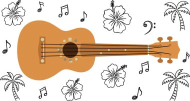 Tropikal amber çiçekleri, palmiye ağaçları ve çeşitli müzik notalarıyla çevrili bir ukulele içeren büyüleyici bir vektör çizimi Hawaii ya da ada temasını çağrıştırıyor..
