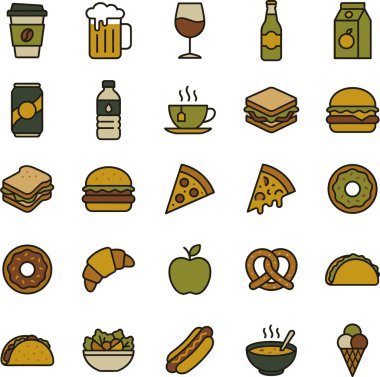Kahve, bira, şarap, soda, su, çay, sandviç, hamburger, pizza, çörek, kruvasan, elma, kraker, taco, sosisli, çorba ve dondurma gibi çeşitli yiyecek ve içecek ikonlarından oluşan canlı bir koleksiyon..