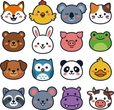 Bir tilki, tavuk, koala, kedi, ayı, tavşan, domuz, kurbağa, köpek, baykuş, panda, ördek, rakun, fare, su aygırı ve ineği içeren sevimli hayvan yüzleri koleksiyonu, hepsi de beyaz bir arka planda izole edilmiş..