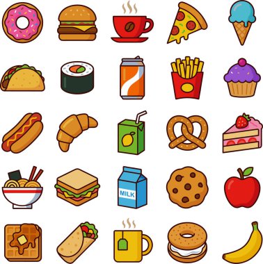 Donut, hamburger, pizza, dondurma, sosisli sandviç, kruvasan ve daha fazlası gibi çeşitli fast food ürünleri, atıştırmalıklar ve içeceklerden oluşan canlı bir koleksiyon..