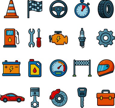 Araçlar ve bakımla ilgili çeşitli araç, parça ve sembollerin yer aldığı kapsamlı bir otomotiv ve araba tamir ikonu koleksiyonu.