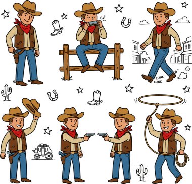 Klasik batı sembolleri ve unsurları eşliğinde çeşitli pozlar ve aktivitelerde el çizimi kovboy karakterleri koleksiyonu..