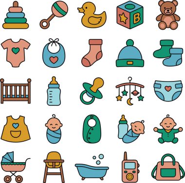 Bebeklik ve çocuk bakımıyla ilgili tasarım projeleri için mükemmel olan çeşitli bebek eşyaları ve yeni doğan ihtiyaçlarını temsil eden kapsamlı renkli simgeler..