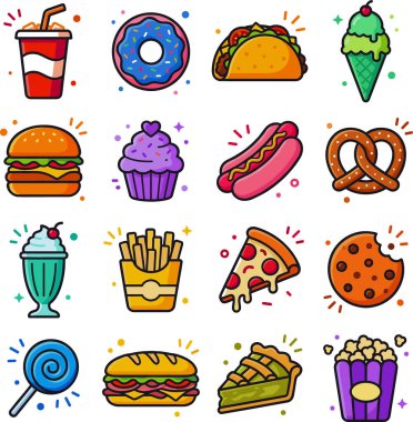 Hamburgerler, pizzalar, çörekler, takolar, dondurmalar ve daha fazlası dahil olmak üzere çeşitli fast food ve abur cuburlardan oluşan canlı bir koleksiyon, temiz beyaz arka planda neşeli çizgi film ikonları olarak sunuluyor..
