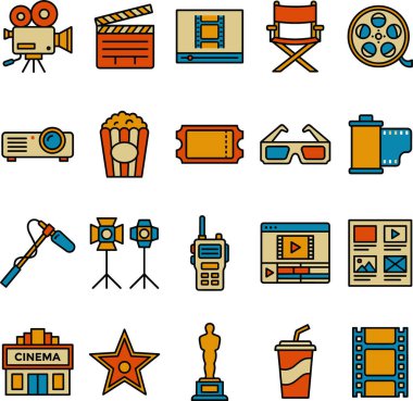 Sinema, film yapımı ve film izleme deneyimlerinin çeşitli unsurlarını temsil eden renkli düz çizgi simgelerinin kapsamlı bir koleksiyonu, medyayla ilgili projeler için mükemmel.