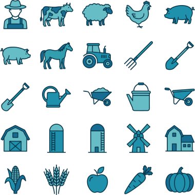 Çiftçilik ve tarımla ilgili çeşitli hayvanların, temel tarım araçlarının ve tipik çiftlik binalarının yer aldığı kapsamlı bir koleksiyon, hepsi de temiz, iki tonluk mavi bir tarzda yapılmış..