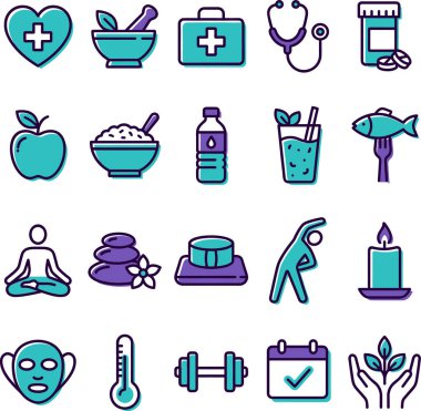 Tıbbi bakım, sağlıklı beslenme, rahatlama, zindelik ve genel refah sembolleri içeren kapsamlı bir sağlık ve sağlık ikonu seti. Sağlık, yaşam tarzı ve fitness ile ilgili tasarımlar için mükemmel..