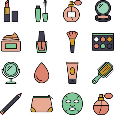 Ruj, rimel, parfüm, pudra, nemlendirici, tırnak cilası, fırça, göz farı, ayna, sünger, losyon, saç fırçası, göz kalemi, kozmetik çanta, yüz maskesi gibi çeşitli makyaj ve güzellik malzemelerini temsil eden canlı bir set.