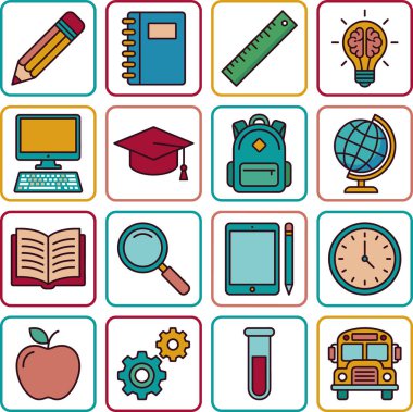 Bir kalem, not defteri, cetvel, ampul, bilgisayar, mezuniyet şapkası, sırt çantası, dünya, kitap, büyüteç, tablet, saat, elma, vites, test tüpü ve okul otobüsü dahil olmak üzere canlı bir eğitim ikonu koleksiyonu, öğrenme temaları için mükemmel.