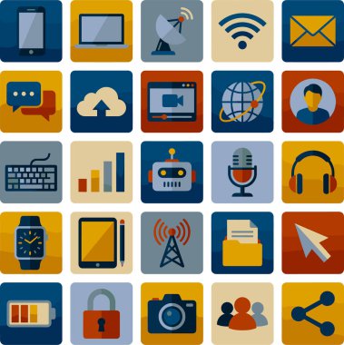 İnternet ve mobil arayüzler için ideal, dijital teknoloji, iletişim ve sosyal medyanın çeşitli yönlerini temsil eden geniş bir düz tasarım simgeleri koleksiyonu.