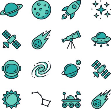 Gezegenler, roketler, uydular, yıldızlar, teleskoplar ve diğer gök cisimlerinin yer aldığı canlı uzay temalı bir simge seti..