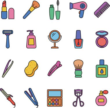 Makyaj, saç aletleri ve hijyen ürünleri de dahil olmak üzere çeşitli güzellik ve kişisel bakım ürünlerini temsil eden canlı bir simge seti, tasarım projeleri için mükemmel..