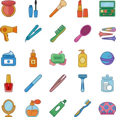 Makyaj, saç aletleri, cilt bakımı ve hijyen ürünleri de dahil olmak üzere çeşitli güzellik ve kişisel bakım ürünlerini temsil eden geniş bir düz vektör ikonu koleksiyonu..