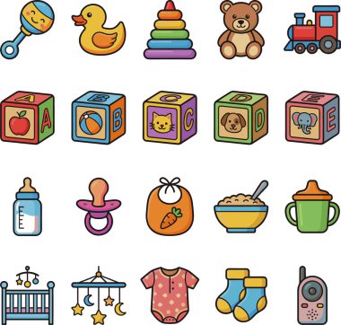 Çıngıraklı yılanlar, lastik ördekler, istifleme oyuncakları, oyuncak ayılar, oyuncak trenler, alfabe blokları, bebek şişeleri, emzikler, önlükler, bebek mamaları, biberler, biberonlar, çoraplar ve bebek monitörleri de dahil olmak üzere canlı bir bebek ve bebek eşyaları çeşidi.