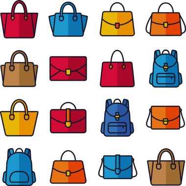 Moda ve aksesuar temalar için mükemmel, çeşitli el çantaları, çantalar ve sırt çantaları içeren canlı bir düz tasarım ikonu koleksiyonu.