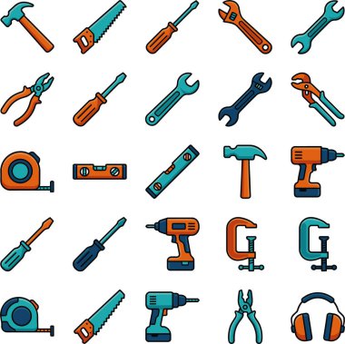 Çekiçler, testereler, anahtarlar, tornavidalar, matkaplar, penseler, mezuralar, mezuralar, inşaat, onarım ve kendin yapmak gibi çeşitli el aletlerinden oluşan canlı bir koleksiyon..