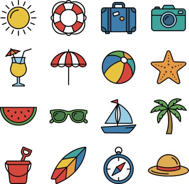 Renkli bir yaz koleksiyonu ve plaj temalı ikonlar, tatil, seyahat ve boş zaman aktivitelerini resmetmek için mükemmel. Güneş, can simidi, bavul, kamera, kokteyl, şemsiye, plaj topu, denizyıldızı, karpuz, güneş gözlüğü, yelkenli, palmiye ağacı içerir