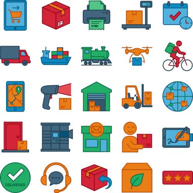 Lojistik, dağıtım hizmetleri ve tedarik zinciri yönetiminin çeşitli yönlerini temsil eden kapsamlı renkli simgeler seti, iş ve teknolojiyle ilgili projeler için mükemmel.