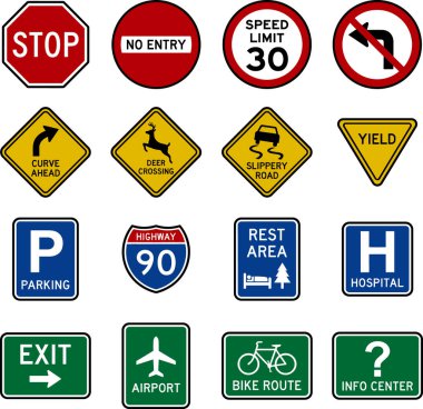 Tüzük, uyarı ve bilgilendirme tabelaları da dahil olmak üzere, trafik yönetimi ve sürücü yönlendirmesi için gerekli kapsamlı yol işaretleri.