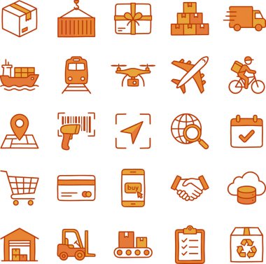 Çeşitli ulaşım, izleme ve depo işlemleri içeren kapsamlı bir lojistik ve dağıtım servis simgeleri seti.